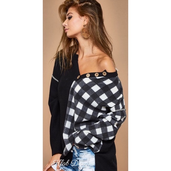BiBi V-Neck Brushed Knit Dropped Shoulder Plaid Color Block PulloverTop Black - Picture 3 of 16